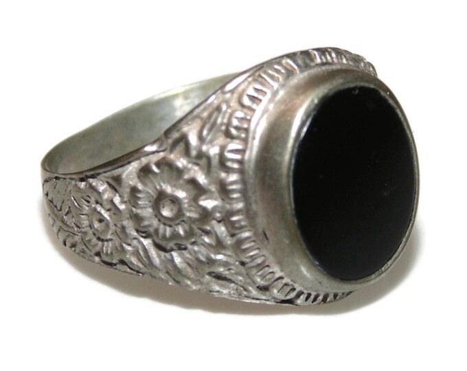 925 Mens Vintage Estate Ring Sterling Silver Statement Signet Onyx Inlay US Size 9.5 Jewelry Jewellery Birthday Gift For Him