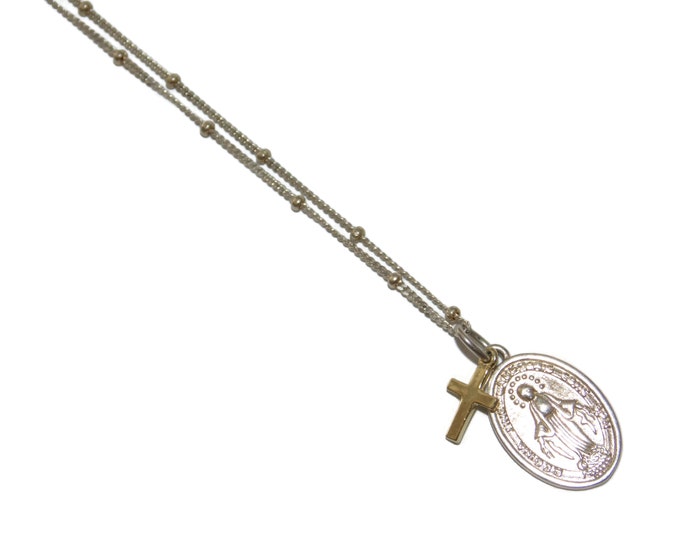 925 Our Lady of Graces Regina Sine Labe Originali Concepta Catholic Cross Medal Pendant Sterling Silver Satellite Necklace 18"  Gift For Her