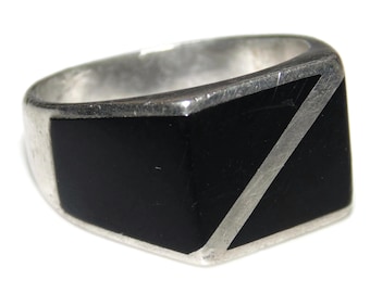 925 Mens Vintage Estate Ring Sterling Silver Statement Signet Onyx Inlay US Size 9.5 Jewelry Jewellery Birthday Gift For Him