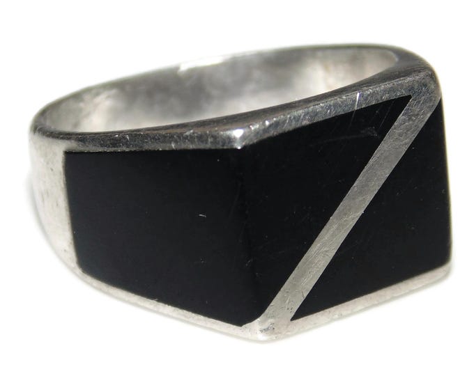 925 Mens Vintage Estate Ring Sterling Silver Statement Signet Onyx Inlay US Size 9.5 Jewelry Jewellery Birthday Gift For Him