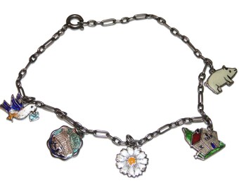 925 Vintage Estate Sterling Silver House Daisy Pantheon Pig Message Pigeon Charm Bracelet Dangle Links Chain Jewelry Jewellery Gift For Her