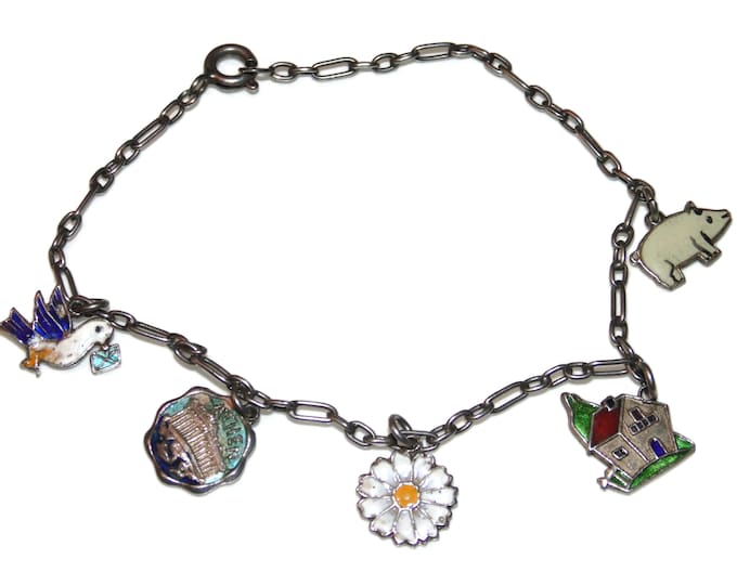925 Vintage Estate Sterling Silver House Daisy Pantheon Pig Message Pigeon Charm Bracelet Dangle Links Chain Jewelry Jewellery Gift For Her