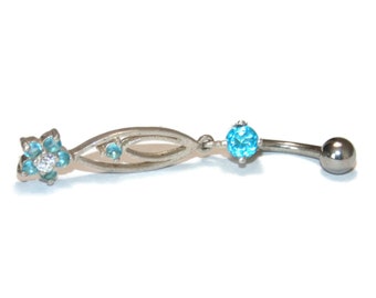 Sterling Silver Flower Belly Ring: Blue Crystal Dangle Navel Piercing