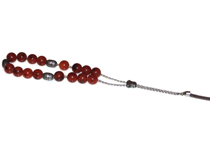 925 Vintage Men's Estate Sterling Silver Komboloi Greek Worry 19 Prayer Amber and Sterling Beads 16" Chain Mala Jewelry Gift For Him