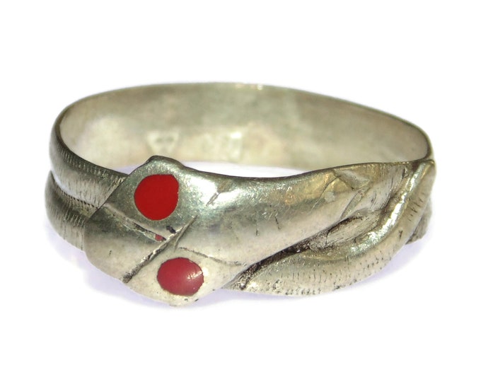 Vintage Estate Sterling Silver Boho Handmade Snake Head Wrap Red Eyes US Size 10 Ring 925 Jewelry Jewellery Birthday Gift For Her Him