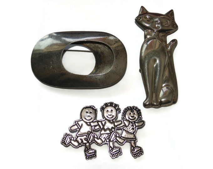 925 Sold Separately Vintage Estate Sterling Silver Brooch Modernist Mexico Large Cat / Save the Children Jewelry Birthday Gift For Her