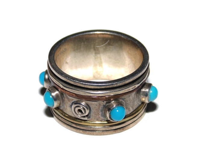 925 Vintage Estate Sterling Silver SPINNER Wide Unisex Fidget Beads Ethnic Band US Size 6 Ring Jewelry Jewellery Birthday Gift For Her Him