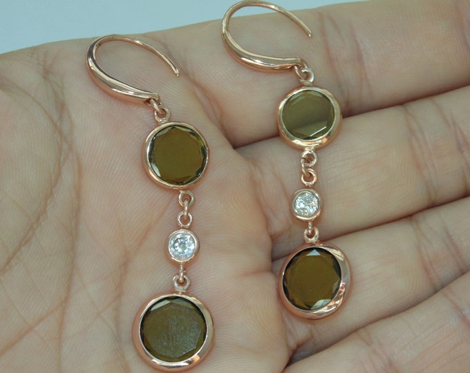925 Estate Sterling Silver Earrings Artisan Made Dainty Boho Green Glass Beads Chain Dangle Drop Rose Gold Jewelry Birthday Gift For Her