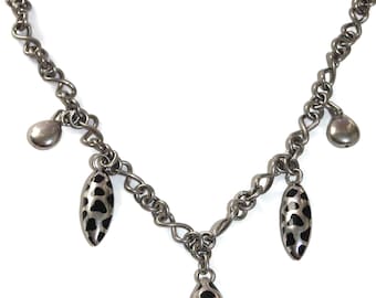 Vintage Estate Sterling Silver Dangle Necklace: Black Teardrop Pendants, Artisan Jewelry Dalmatian Pattern