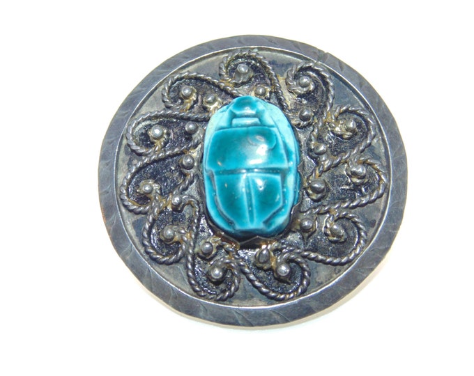 900 Very Old  Sterling Silver Oval Ornate Brooch Pendant Blue Scarab Made in Egypt Vintage Estate Jewelry Jewellery Birthday Gift for Her