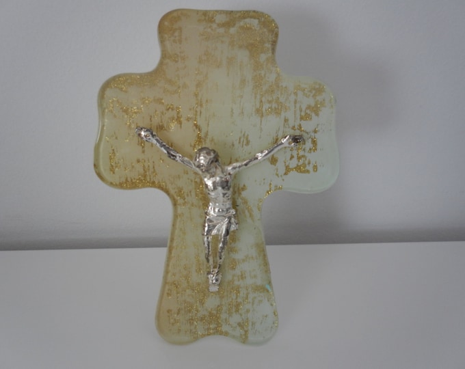 925 Vintage White Golden Glass Sterling Silver Cross Crucifix Jesus Religious Catholic Orthodox Stand Alone Figurine Decor Gift For Home Her