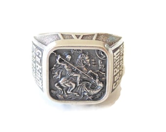 Sterling Silver Christian Mens Religion Catholique Orthodoxe Signet 925 Anneau Saint George Dragon Slayer Protector Свети Георги Bijoux