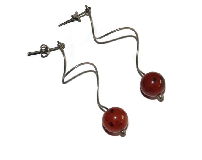 925 Vintage Estate Sterling Silver Earrings Dangle Twist Wire Ball Orb Amber Pierced Jewelry Jewellery Birthday Gift For Her