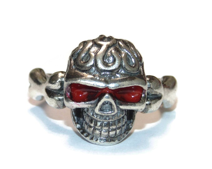 925 Sterling Silver Men's Ring Punk Rocker Biker Gothic Huge MASSIVE Skull Bones Flames Red Eyes Size 10.5 Jewelry Birthday Gift For Him