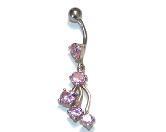 Handmade Dangle Belly Button Ring: Sterling Silver & Pink Crystal Swirl
