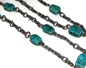 Vintage Estate Egypt Egyptian Revival All Blue Glazed Scarabs Statement Necklace Pendant Jewelry Jewellery Birthday Gift For Her