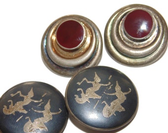 Vintage Sterling Silver Clip On Earrings: Carnelian Button & Siam Goddess