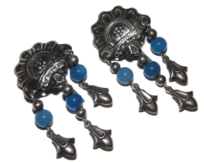 925 Vintage Estate Sterling Silver Earrings Statement Tribal Boho Dangle Drop Blue Stone Beads Jelly Fish Scalloped Jewelry Gift For Her