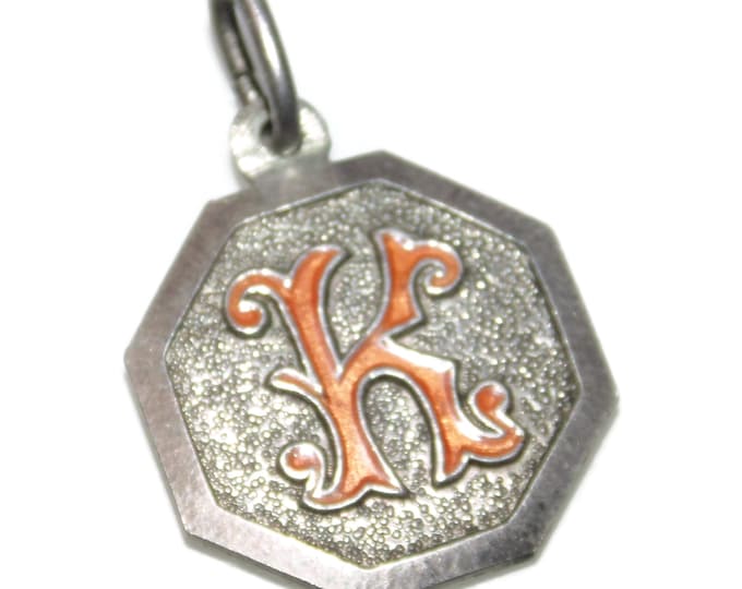 925 Antique Vintage Estate Sterling Silver Charm Small Pendant Letter K Red Enamel Jewelry Jewellery Birthday Gift Her Him Argent