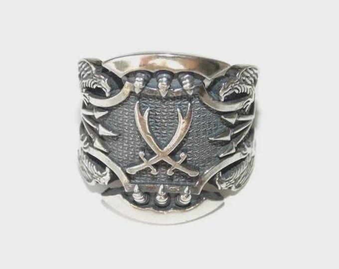 SALE 925 Men's Sterling Silver Ring Signet Yatagan Sword Arrow Biker Rocker Eagles Sz 10c Birthday Gift For Him