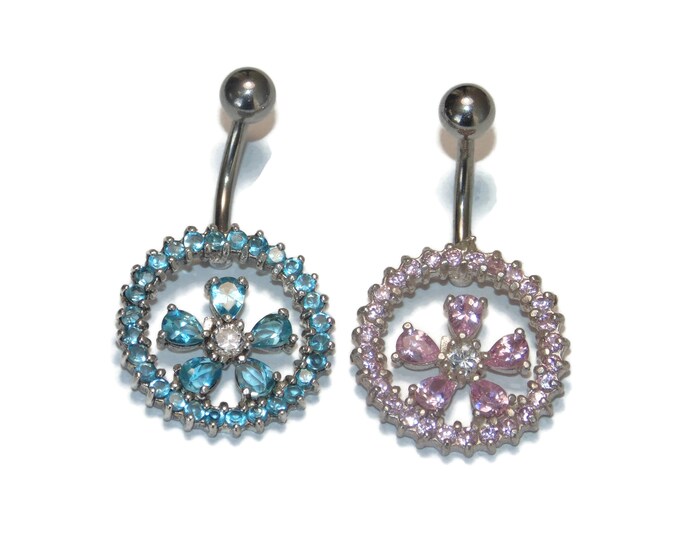 New Surgical Steel Naval Piercing Bar Sterling Silver Pink Blue Crystal Rhinestones Belly Button Ring Fixed Round Flower Hypoallergenic