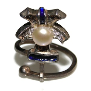Modernist Sterling Silver Ring: Pearl, Blue Enamel, Size 7.5