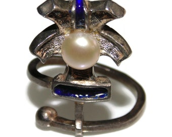 Modernist Sterling Silver Ring: Pearl, Blue Enamel, Size 7.5