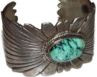 Vintage Estate Southwestern Cuff Bracelet Native Navajo Artisan Sterling Silver Turquoise