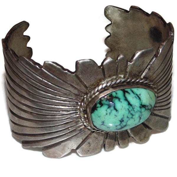 Vintage Estate Southwestern Cuff Bracelet Native Navajo Artisan Sterling Silver Turquoise