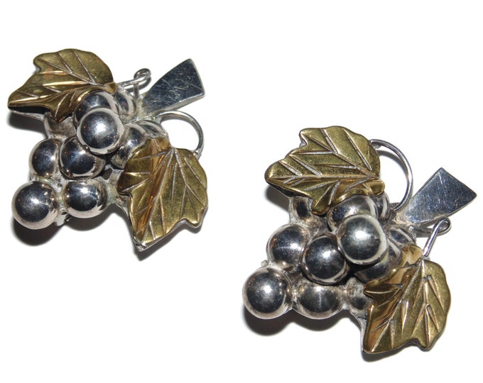 925 Massive Huge Statement Vintage Estate Sterling Silver Clip On Vine Grape Cluster Leaves Earrings Mexico Jewelry Birthday Gift For Her