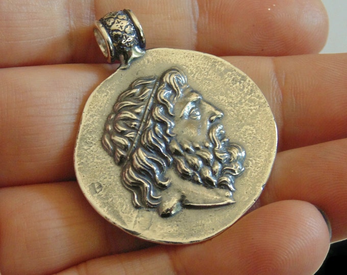 Ancient Greek Coin God Zeus Pendant Medal Medallion 925 Artisanal Copy Solid Sterling Silver Jewelry Birthday Gift For Him