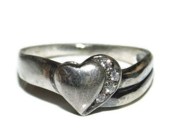 925 Vintage Estate Sterling Silver Ring Two Hearts Size 6.5 Love Rhinestones Jewelry Jewellery Anniversary Birthday Gift For Her