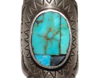 Vintage Estate Sterling Silver Southwestern Blue Turquoise Mens Signet Ring US Size 12 Biker Rocker