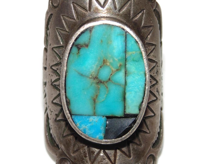 Vintage Estate Sterling Silver Southwestern Blue Turquoise Mens Signet Ring US Size 12 Biker Rocker