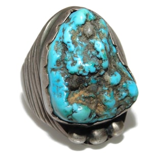 Vintage Estate Sterling Silver Southwestern Blue Turquoise Mens Signet Ring US Size 9.25 Biker Rocker