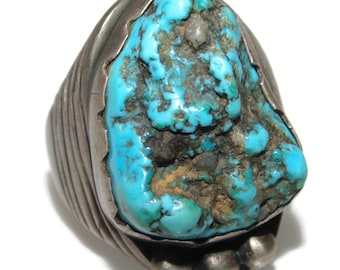Vintage Estate Sterling Silver Southwestern Blue Turquoise Mens Signet Ring US Size 9.25 Biker Rocker