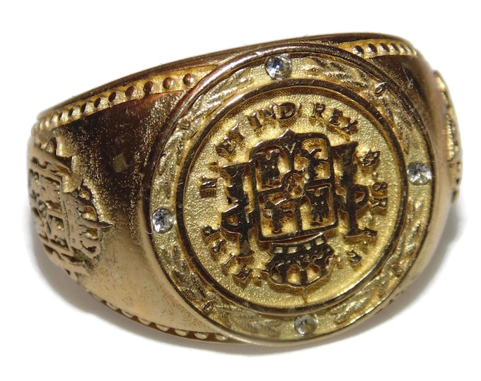 Vintage Estate Brass Men Signet Ring Rocker Biker Crest Statement US Size 10.25