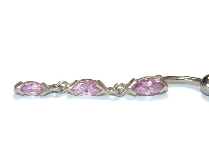 New Hypoallergenic Surgical Steel Bar Sterling Silver Elements Pink Purple Crystal Rhinestones Belly Button Navel Ring Piercing Dangle Drop