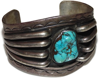 Vintage Estate Southwestern Cuff Bracelet Native Navajo Artisan Sterling Silver Turquoise