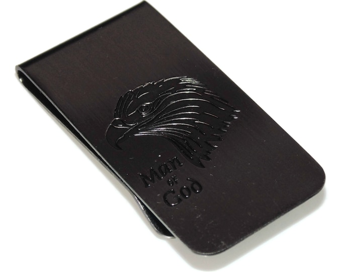 Estate Men's Wide Stainless Steel Gunmetal Color Man Of God  Eagle Etching Prayer Money Clip Birthday Gift For Him