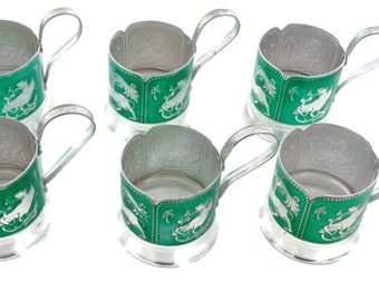 Vintage AMAZING RARE Lot 6 Russian Tea Coffee Stakan Holders Only Aluminium Ornate Green Silver PODSTAKANNIK Gift For Her No Glasses