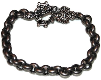 Vintage Estate Sterling Silver Chain Rolo Shaped Links Ornate Toggle Clasp Bracelet 8.5" Jewelry Jewellery Gift For Him Rocker Biker Argent