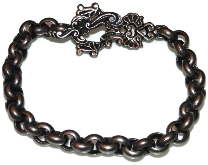 Vintage Estate Sterling Silver Chain Rolo Shaped Links Ornate Toggle Clasp Bracelet 8.5" Jewelry Jewellery Gift For Him Rocker Biker Argent