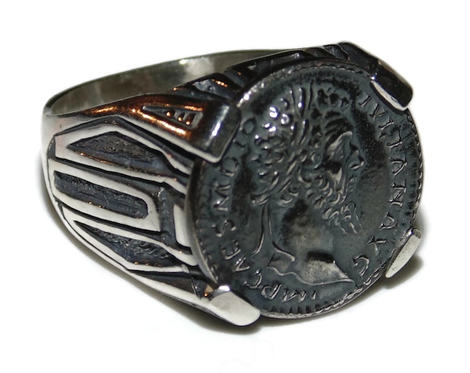 925 Men's Artisanal Sterling Silver Ring Signet Roman Ancient Coin Copy Caesar Rome Didius Julianus Concordia Holding Legionary Eagle