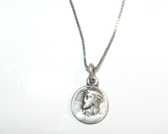 Vintage Estate Sterling Silver Box Chain Necklace Small Jesus Charm Pendant Jerusalem 925 Jewelry Jewellery For Her