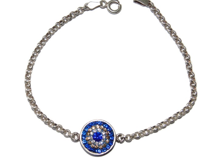 925 Vintage Estate Evil Eye Protection Sterling Silver Blue Glass Beads Chain Links Bracelet Jewelry Gift For Her Argent