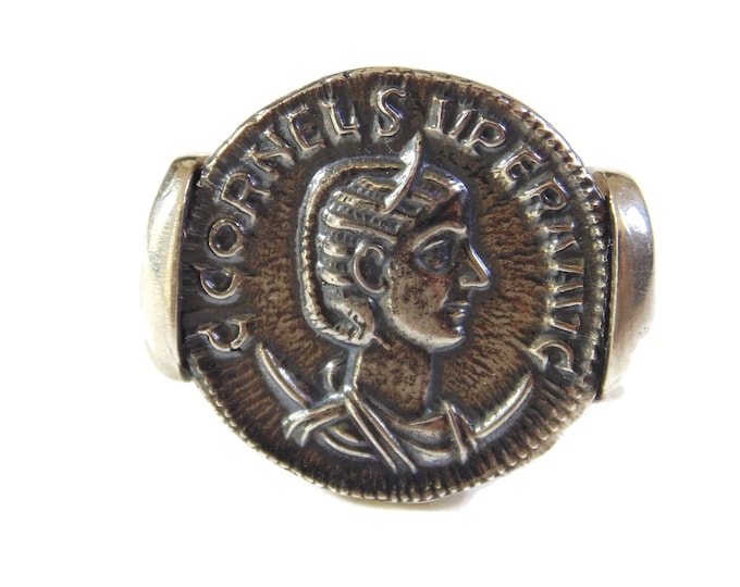 925 Ancient Coin Signet Ring Unisex Sterling Silver Replica Roman Caesar Corneus Emperor Pinky Pinkie US Ring 7  Birthday Gift For Him Her