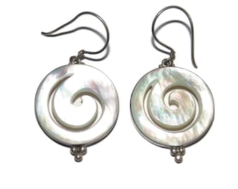925 Vintage Estate Sterling Silver Dangle Drop Abalone Swirl Hook Boho Earrings Jewelry Jewellery Birthday Gift For Her