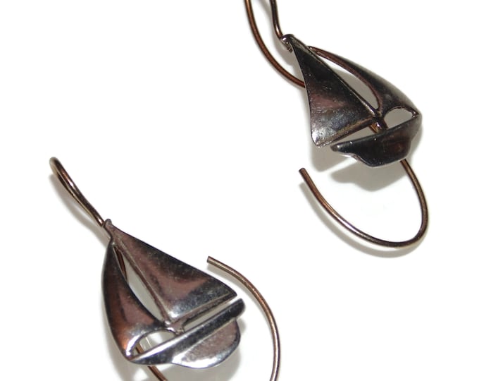 925 Vintage Estate Sterling Silver Earrings Long Drop Twist Swirl On the Back Two Tone Boat Yacht Sailing Jewelry Birthday Gift For Her
