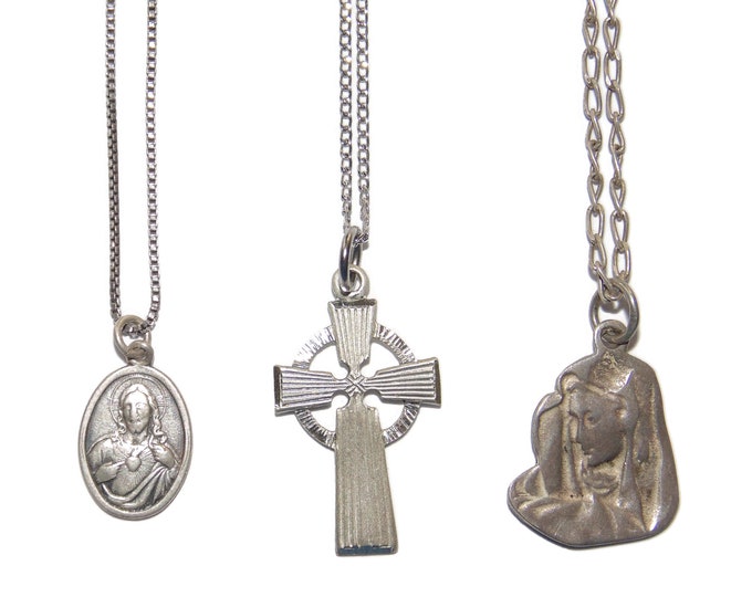 925 Sold Separately Vintage Estate Sterling Silver Chain Necklace Virgin Mary Mother Jesus Cross Religious Pendant Birthday Gift For Her